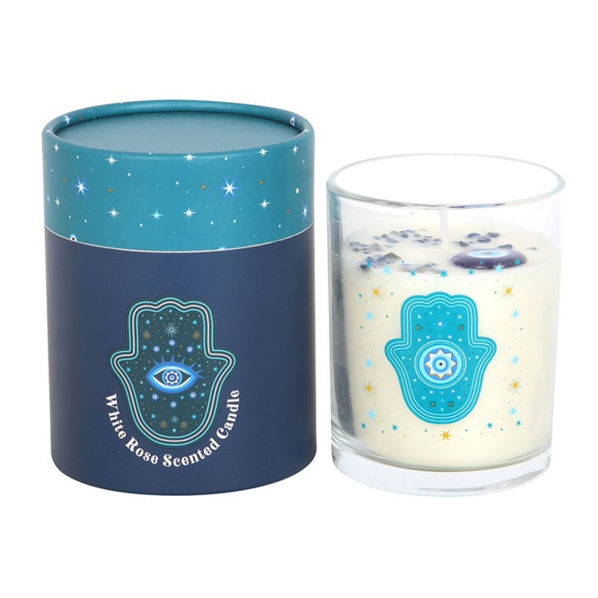 Hand of Hamsa White Rose Candle with Crystals - Image 2