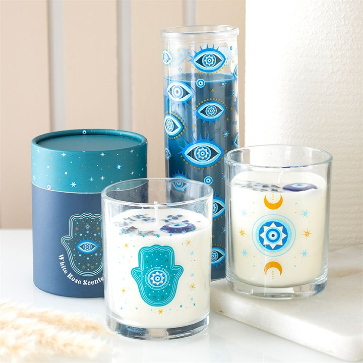 Hand of Hamsa White Rose Candle with Crystals - Image 6